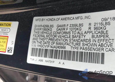 2018 Honda Accord Lx из США, поврежденный, VIN 1HGCV1F14JA245966